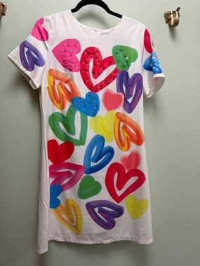 Womens White Mini Dress with Multicolor Heart Print